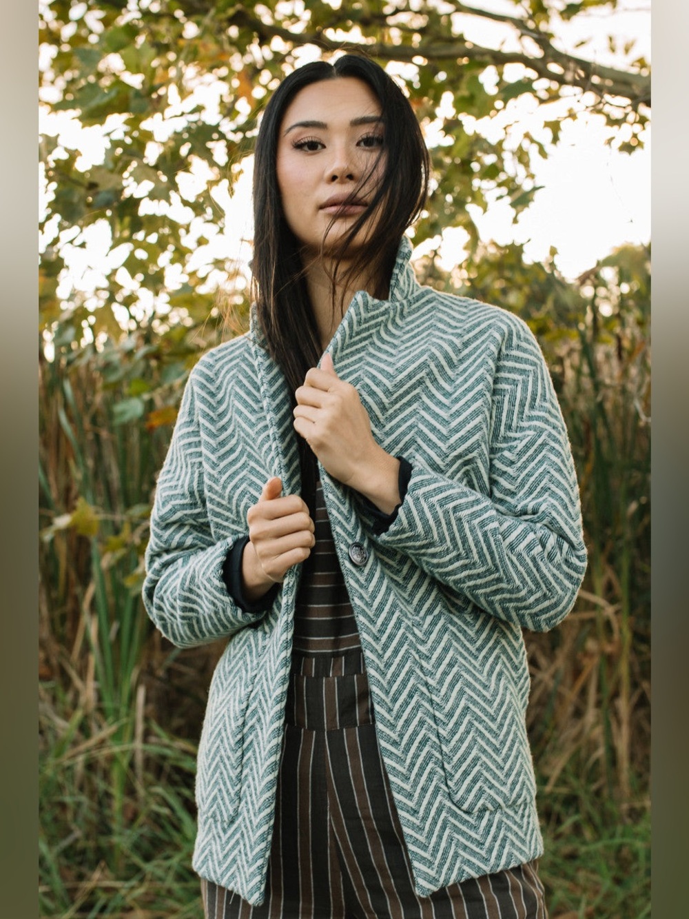 Liz Alig Portuguese Wool Chevron Jacket in Vingtage Green and Cream